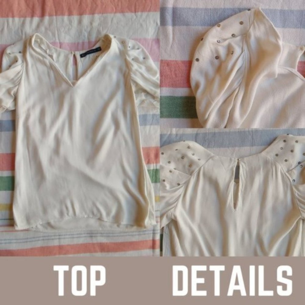 Zara Woman Ivory Hi-Low Top w Gem Shoulder Accents